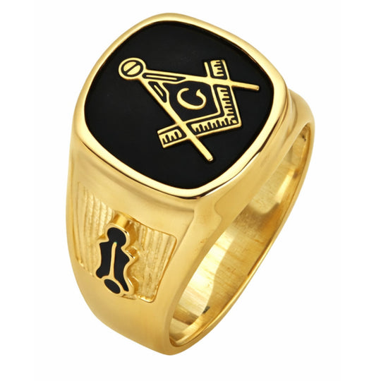 Yellow Gold Masonic Blue Lodge Solid Back Ring with Stone