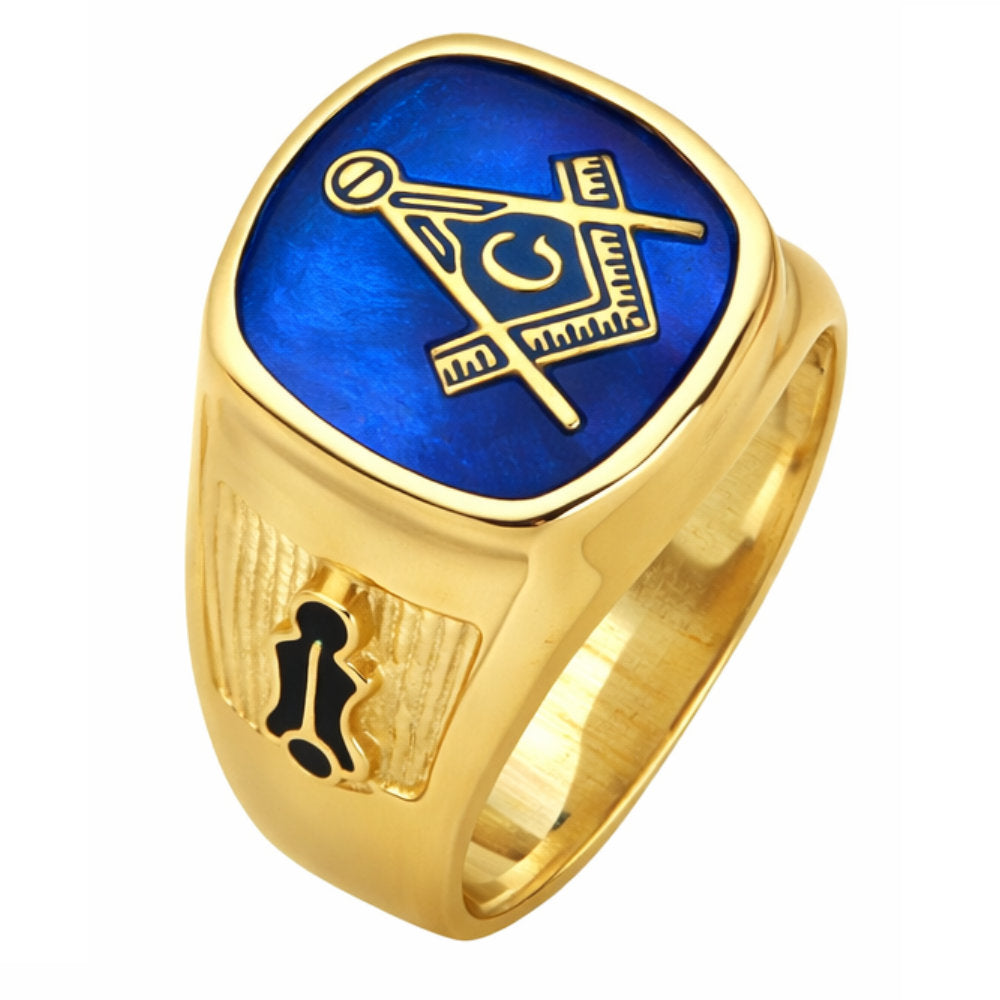 Yellow Gold Masonic Blue Lodge Solid Back Ring with Stone