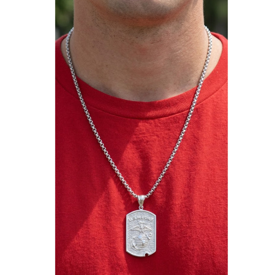 Sterling Silver US Marine Corps Dog Tag Pendant Necklace