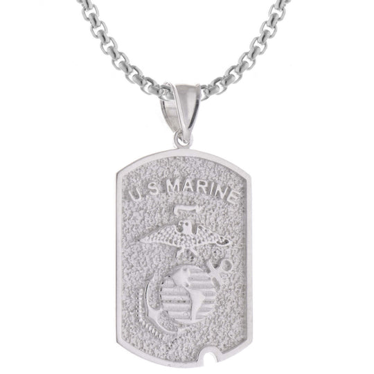 Sterling Silver US Marine Corps Dog Tag Pendant Necklace