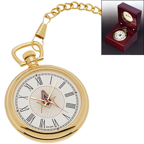 Bulova Gold Tone Masonic Pocket Watch and Matching Chain