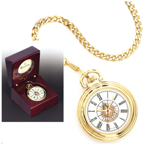 Bulova Gold Tone Past Master Masonic Pocket Watch and Matching Chain