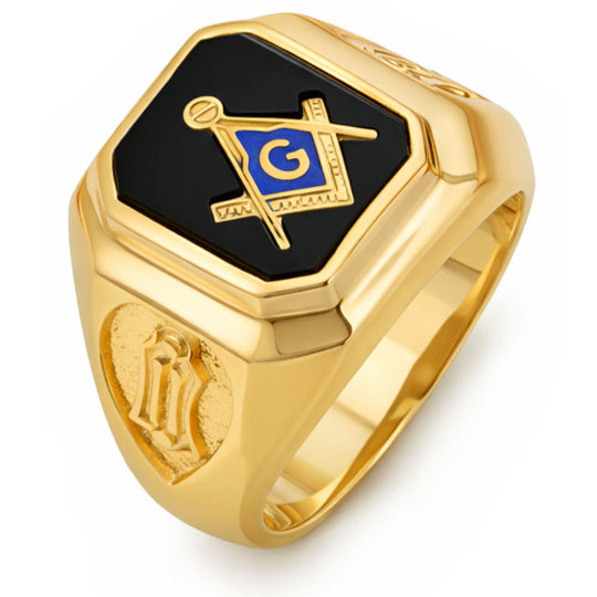 Yellow Gold Masonic Blue Lodge Solid Back Ring with Stone