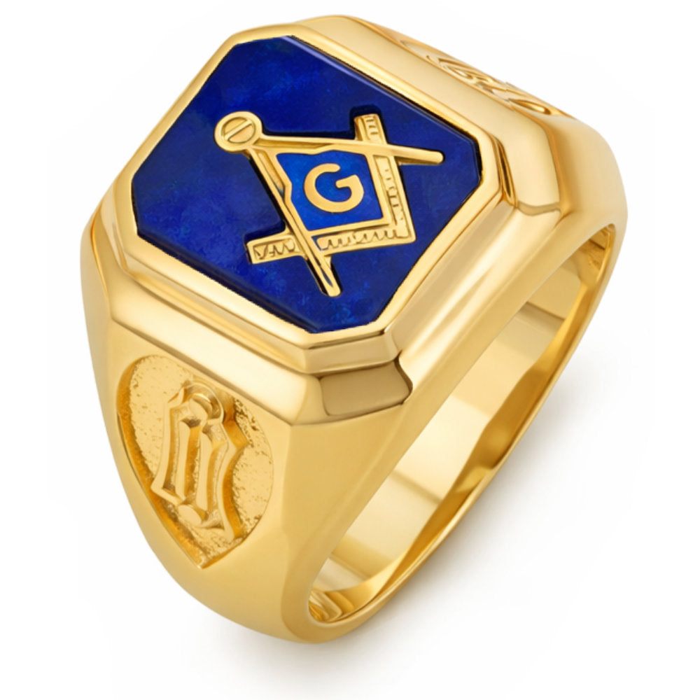 Yellow Gold Masonic Blue Lodge Solid Back Ring with Stone