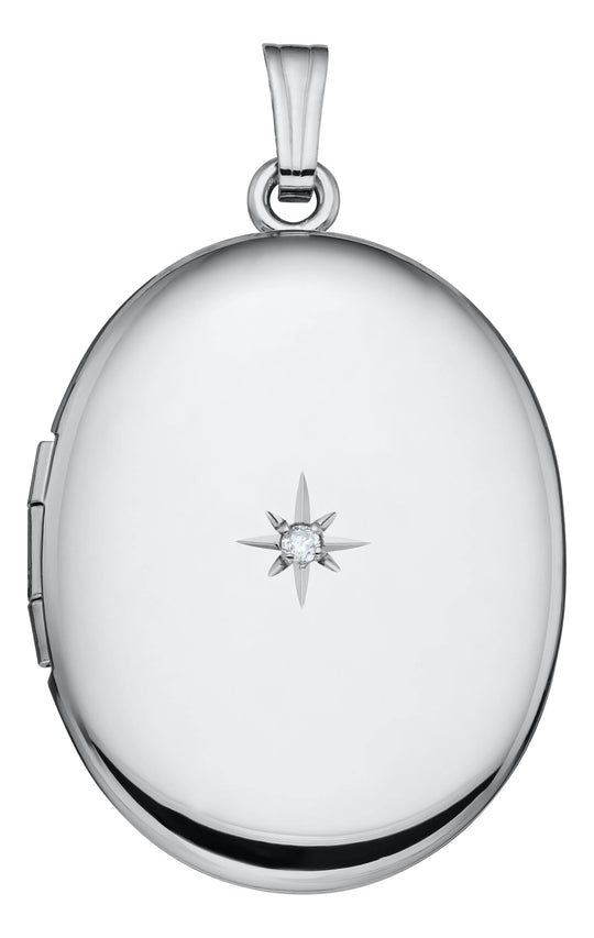 925 Sterling Silver Oval 17mm Polished Locket with Diamond Accents for Women