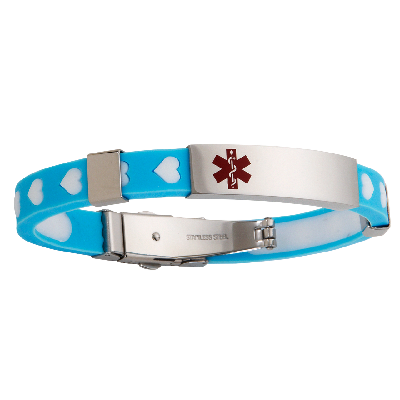 Stainless Steel Medical Alert Bracelet ID with Blue Silicone Heart Strap