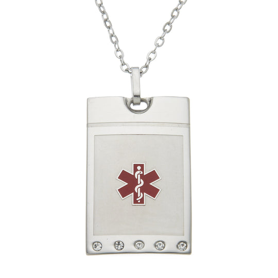 Stainless Steel Medical Alert Rectangular Pendant Necklace
