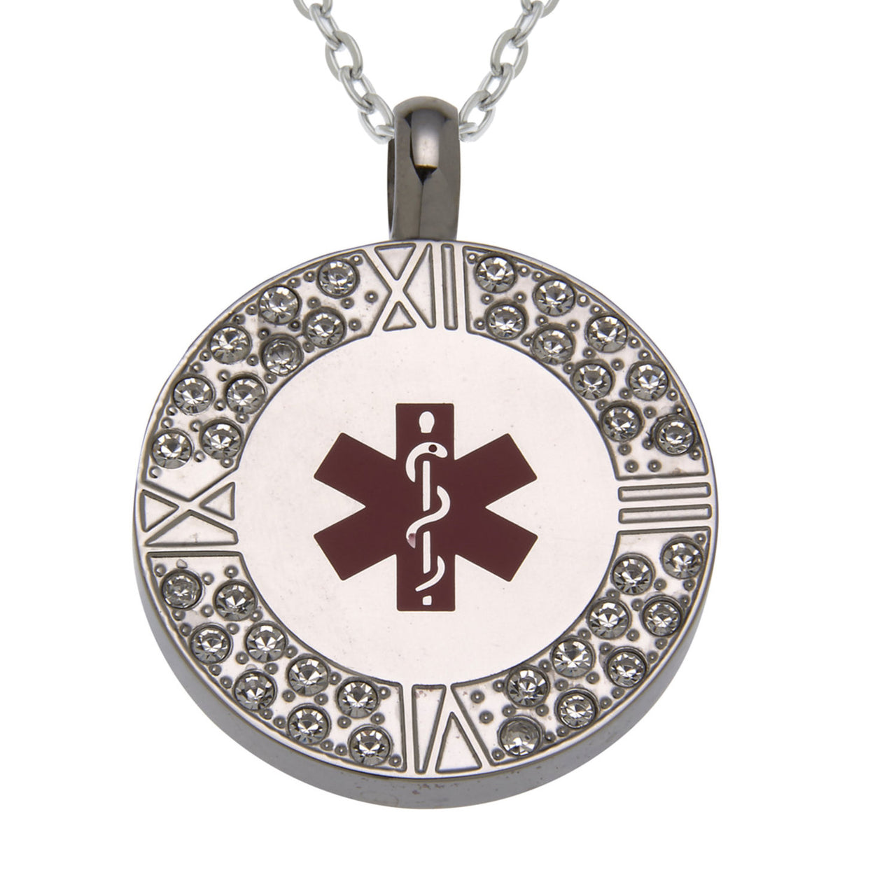 Stainless Steel Medical Alert Round Pendant Necklace with Crystal Accents