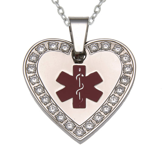 Stainless Steel Heart Medical Alert Pendant Necklace with Crystal Accents