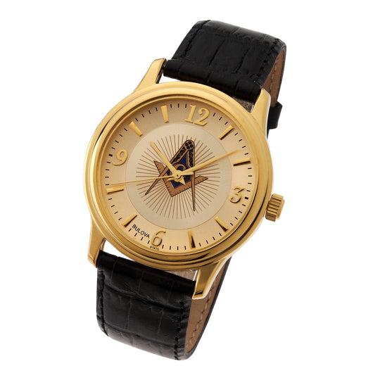 Bulova Gold-Tone Masonic Watch with Black Leather Strap