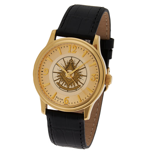 Bulova Gold-Tone Past Master Masonic Watch with Black Leather Strap