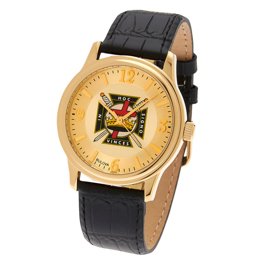 Bulova Gold-Tone Knights Templar Masonic Watch with Black Leather Strap