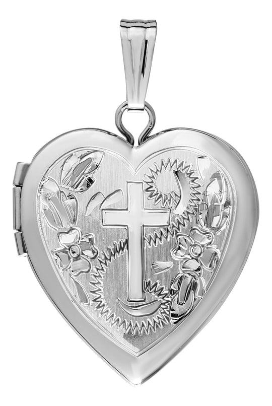 14k White Gold Cross Heart Locket